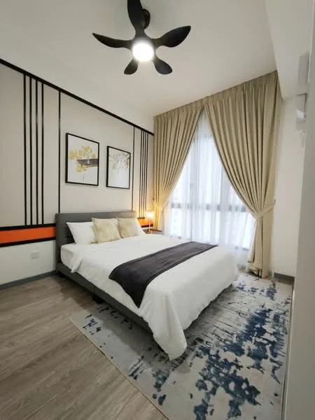 Bedroom features: queen-size bed with white bedding, upholstered headboard, 2 bedside lamps, floor-to-ceiling windows with sheer curtains, decorative wall art with frames, wooden flooring, ceiling fan with 5 blades, area rug with abstract pattern, built-in wardrobe, wall-mounted air conditioning unit; style: modern; view: city.