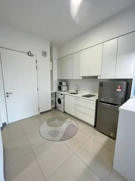 Kitchen features: white cabinetry, stainless-steel fridge, built-in oven, microwave, single-bowl stainless-steel sink, chrome pull-down faucet, ceramic tile flooring, washing machine, countertop with backsplash, area rug with circular pattern, recessed downlights; style: modern.