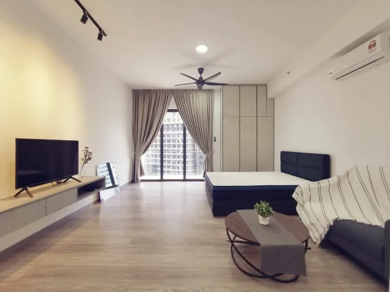 Bedroom features: queen-size bed, black upholstered headboard, light wood flooring, floor-to-ceiling windows, sheer curtains, 5-blade ceiling fan with light, wall-mounted TV, TV console, round coffee table, decorative plant, blanket draped over bed; style: modern; view: city.