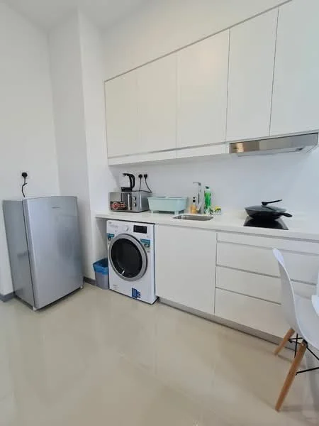 Kitchen features: white cabinetry, stainless-steel fridge, front-load washing machine, single-bowl stainless-steel sink, chrome pull-down faucet, ceramic tile flooring, built-in oven, microwave, kitchen countertop, kitchen utensils, white walls, recessed downlights; style: modern.