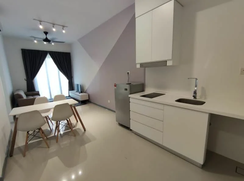 Living features: grey fabric sofa, 2-seater sofa, white dining table, 4 white dining chairs, stainless-steel fridge, single-bowl stainless-steel sink, chrome pull-down faucet, white cabinetry, grey accent wall, recessed downlights, floor-to-ceiling windows with sheer curtains, light grey flooring; style: modern.