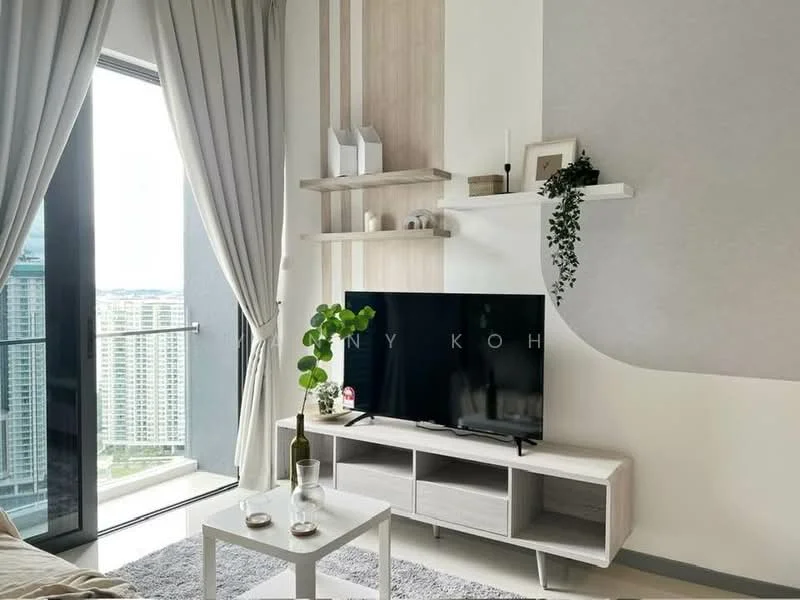 Living features: floor-to-ceiling windows, grey accent wall, light wood shelving unit, white TV console, black flat-screen TV, decorative plants, sheer curtains, area rug in light grey, coffee table in white, decorative items on shelves; style: modern; view: city.