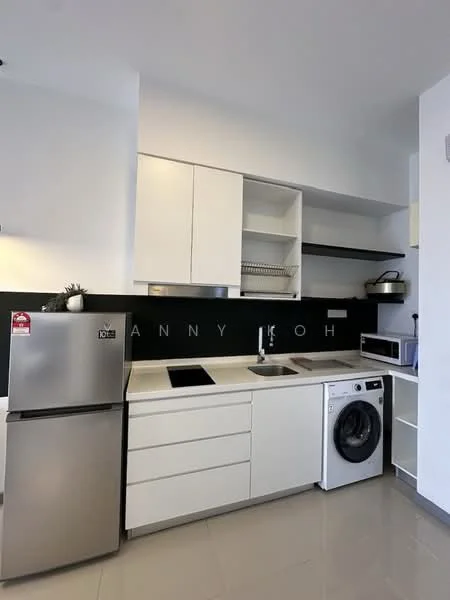 Kitchen features: white cabinetry, stainless-steel fridge, built-in oven, ceramic cooktop, single-bowl stainless-steel sink, chrome pull-down faucet, microwave, washing machine, black backsplash, grey countertop, open shelving, tile flooring, recessed lighting; style: modern.