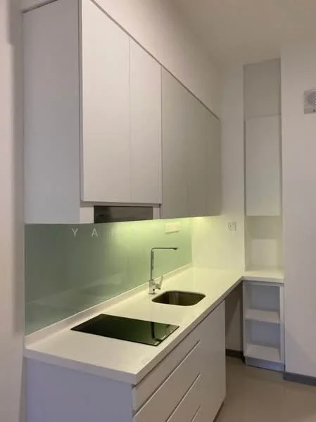 Kitchen features: white cabinetry, single-bowl stainless-steel sink, chrome pull-down faucet, white countertop, glass backsplash, built-in induction cooktop, under-cabinet lighting, open shelving, drawer storage; style: modern.