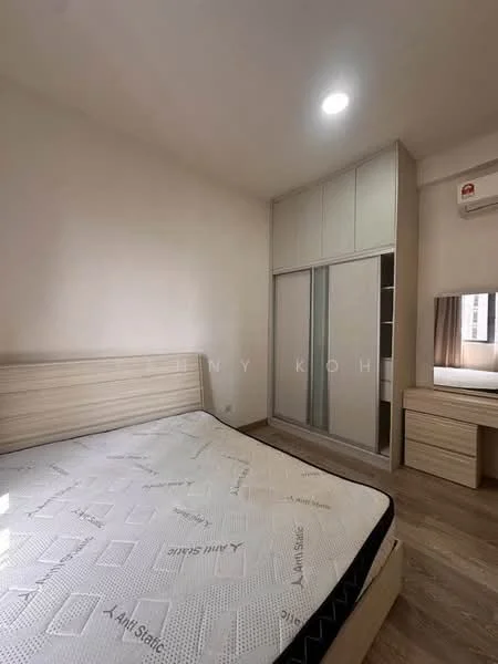 Bedroom features: queen-size bed, light wood bed frame, built-in wardrobe with sliding doors, mirror on dresser, wooden flooring, white painted walls, recessed ceiling lights, wall-mounted air conditioning unit; style: modern.