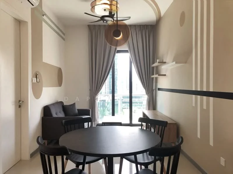 Dining features: round dining table, black dining chairs, grey fabric sofa, floor-to-ceiling windows, curtains, ceiling fan with light, decorative wall with geometric patterns, shelves on wall, light fixture; style: modern; view: city.