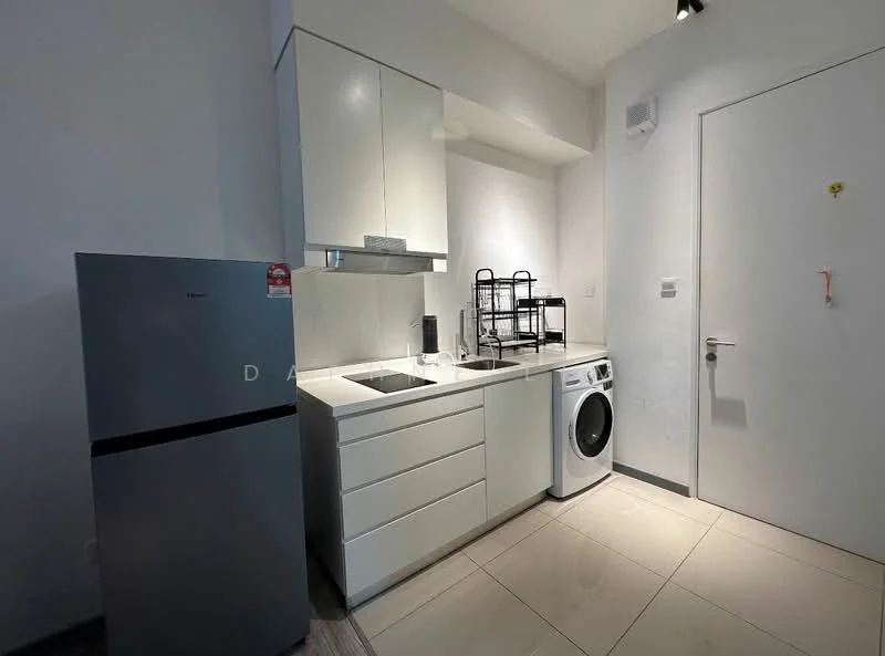 Kitchen features: white cabinetry, black countertop, single-bowl stainless-steel sink, chrome pull-down faucet, built-in oven, stainless-steel fridge, front-load washing machine, ceramic tile flooring, recessed downlights, open shelving, kitchen rack, wall-mounted cabinet, neutral wall colour; style: modern.