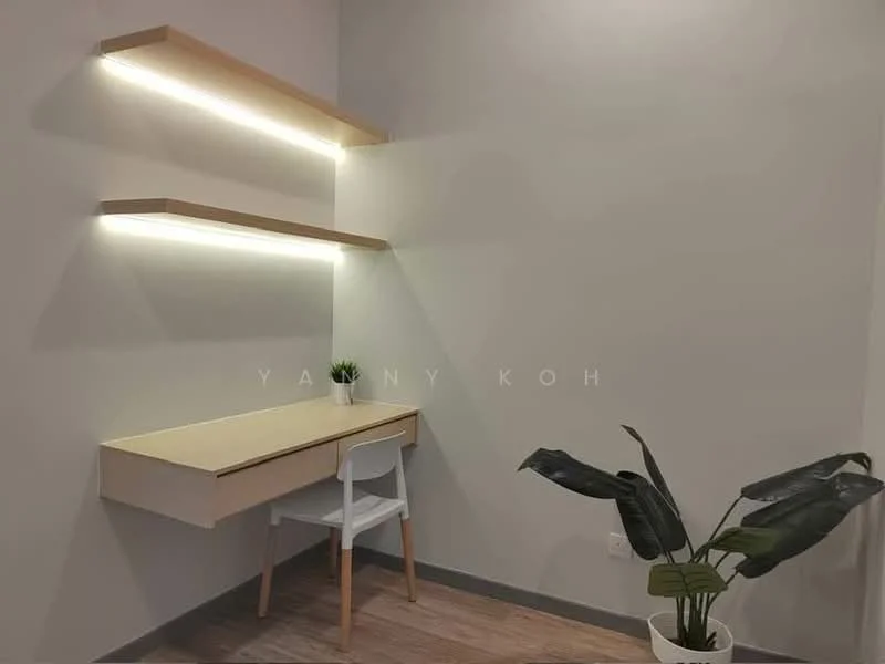 Room features: light wood desk, white chair, floating shelves, LED strip lighting, green potted plant, grey painted walls, wooden flooring; style: modern.