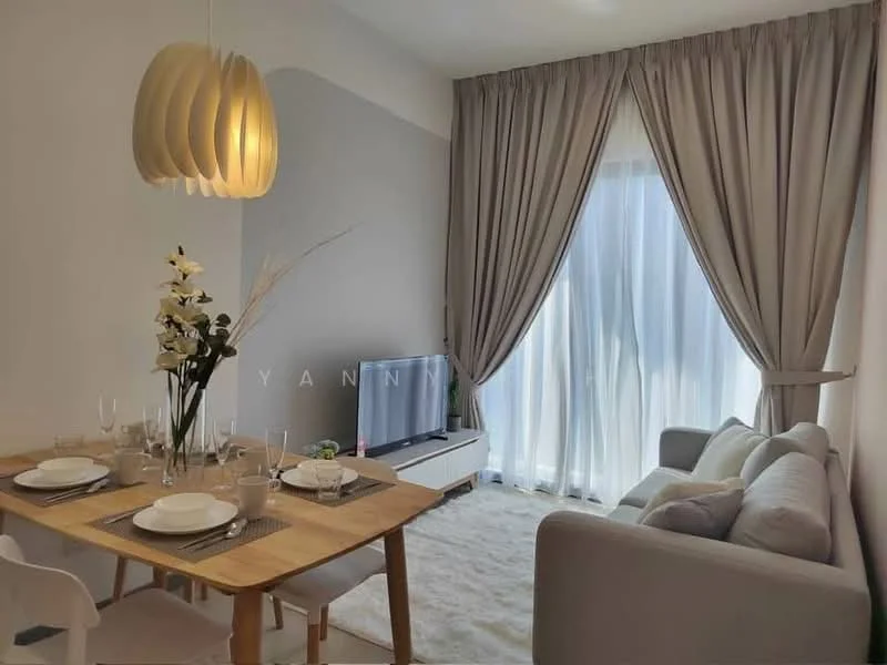 Dining features: wood dining table, 4 white dining chairs, decorative vase with flowers, glassware on the table, table setting with plates and cutlery, light fixture with pendant design, cream area rug, floor-to-ceiling windows with sheer curtains, grey fabric sofa, wall-mounted TV on a white console; style: modern.