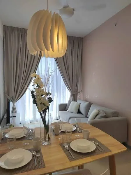 Dining features: wood dining table, 4 dining chairs, table setting with plates and glasses, decorative vase with flowers, woven placemats, pendant light fixture, curtains, grey fabric sofa, light-colored walls, ceiling fan; style: modern.
