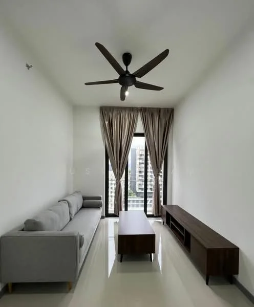 Living features: 3-seater fabric sofa in grey, wooden coffee table, TV console, floor-to-ceiling windows, sheer curtains, 5-blade ceiling fan with light, white painted walls, glossy tile flooring; style: modern; view: city.