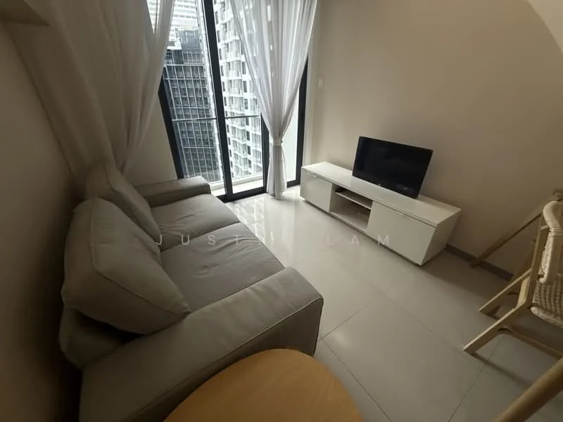 Living features: 3-seater fabric sofa in grey, coffee table, TV console, wall-mounted TV, floor-to-ceiling windows, sheer curtains, light-coloured tiled flooring, neutral painted walls; style: modern; view: city.