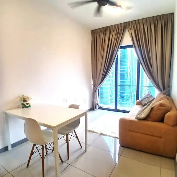 Living features: beige fabric sofa, white dining table, 4 white dining chairs, floor-to-ceiling windows, sheer curtains, grey area rug, polished tile flooring, ceiling fan; style: modern; view: city.