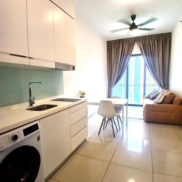 Kitchen features: white cabinetry, grey backsplash, single-bowl stainless-steel sink, chrome pull-down faucet, built-in washing machine, ceramic tile flooring, recessed downlights, floor-to-ceiling windows, curtains, dining table with white chairs, sofa in beige, area rug; style: modern; view: city.