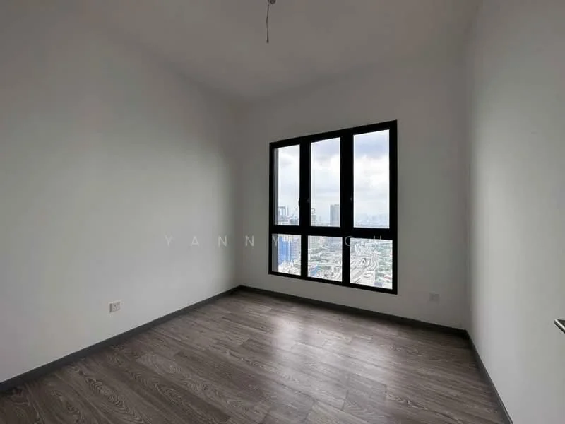 Room features: white painted walls, wooden flooring, floor-to-ceiling windows, city view, ceiling fan; style: modern; view: city.