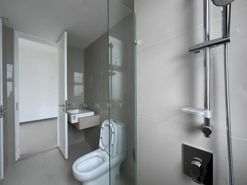 Bathroom features: walk-in shower with glass enclosure, rain shower head, handheld shower, chrome basin mixer, one-piece toilet, wall-mounted toilet paper holder, grey tiled walls, grey tiled flooring, built-in vanity with storage, mirror above vanity; style: modern.