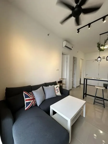 Living features: L-shape sectional sofa in dark grey, decorative throw pillows with Union Jack design, white coffee table, recessed LED downlights, 5-blade ceiling fan, wall-mounted split AC, light grey tiled flooring, white painted walls; style: modern.
