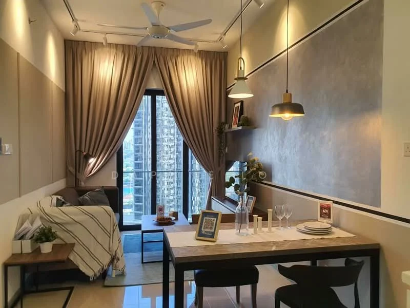 Living features: floor-to-ceiling windows, sliding glass door, curtains, 5-blade ceiling fan, recessed downlights, pendant light, sofa with throw blanket, dining table with chairs, decorative wall with texture, wooden shelving, decorative items on shelf, dinnerware on table, area rug, plant in pot; style: modern; view: city.