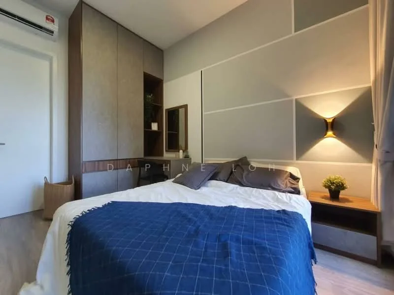 Bedroom features: queen-size bed with white bedding, blue throw blanket, wooden bedside table, wall-mounted lamp, built-in wardrobe with wood finish, decorative mirror, light grey painted walls, laminate flooring, window with sheer curtains, 1 wall-mounted split AC; style: modern.