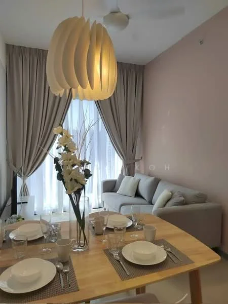 Dining features: wood dining table, 4 dining chairs, table setting with plates and glasses, decorative vase with flowers, light fixture with layered design, curtains in light grey, wall in soft pink, sofa in light grey, ceiling fan; style: modern.
