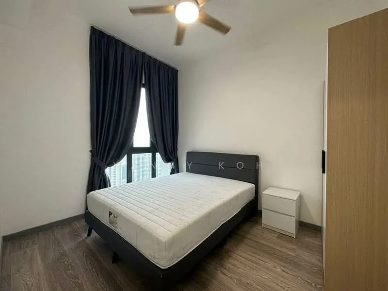 Bedroom features: queen-size bed, upholstered headboard, nightstand, floor-to-ceiling window, blackout curtains, 5-blade ceiling fan, laminate flooring, white painted walls, built-in wardrobe; style: modern; view: city.