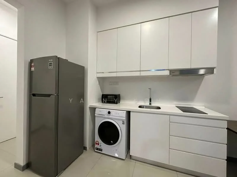 Kitchen features: white cabinetry, stainless-steel fridge, front-load washing machine, single-bowl stainless-steel sink, chrome pull-down faucet, black countertop, ceramic tile flooring, recessed downlights; style: modern.