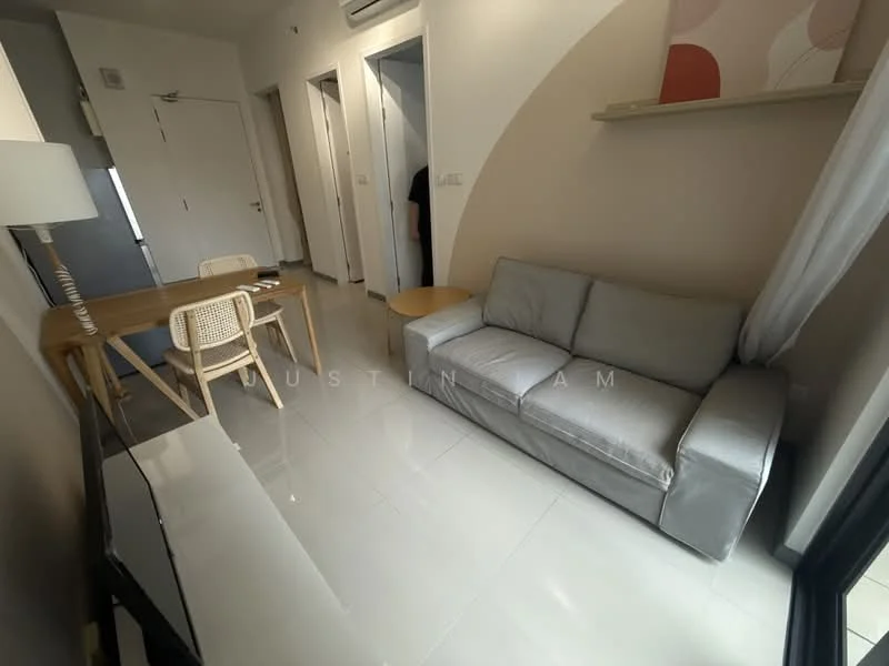 Living features: grey fabric sofa, wooden dining table, 2 dining chairs, flat-screen TV, TV console, light-colored walls, glossy tile flooring, wall-mounted shelf, air conditioning unit, decorative wall art; style: modern.