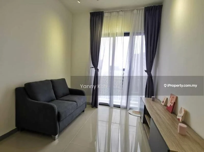Living features: grey fabric sofa, floor-to-ceiling windows, sheer curtains, dark grey curtains, light-coloured walls, glossy tile flooring, wooden TV console, decorative items on console; style: modern.