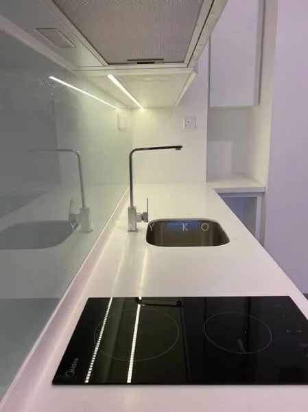Kitchen features: single-bowl stainless-steel sink, chrome pull-down faucet, white solid surface countertop, induction cooktop, glass backsplash, under-cabinet lighting, built-in cabinetry, minimalist design; style: modern.
