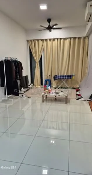 Living features: white painted walls, glossy tile flooring, 5-blade ceiling fan with light, floor-to-ceiling windows, sheer curtains, blackout curtains, TV console, ironing board, area rug with geometric pattern, coffee table, clothes rack, decorative items on table; style: modern.