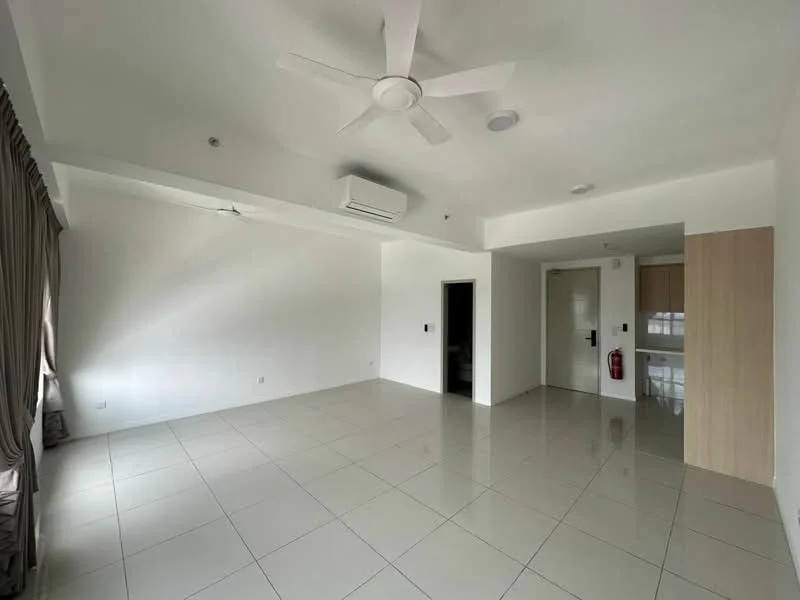 Living features: white painted walls, polished ceramic tile flooring, 5-blade ceiling fan with light, wall-mounted split AC, floor-to-ceiling windows with sheer curtains, recessed downlights, open layout, neutral color scheme, fire extinguisher mounted on wall, door leading to kitchen area; style: modern.