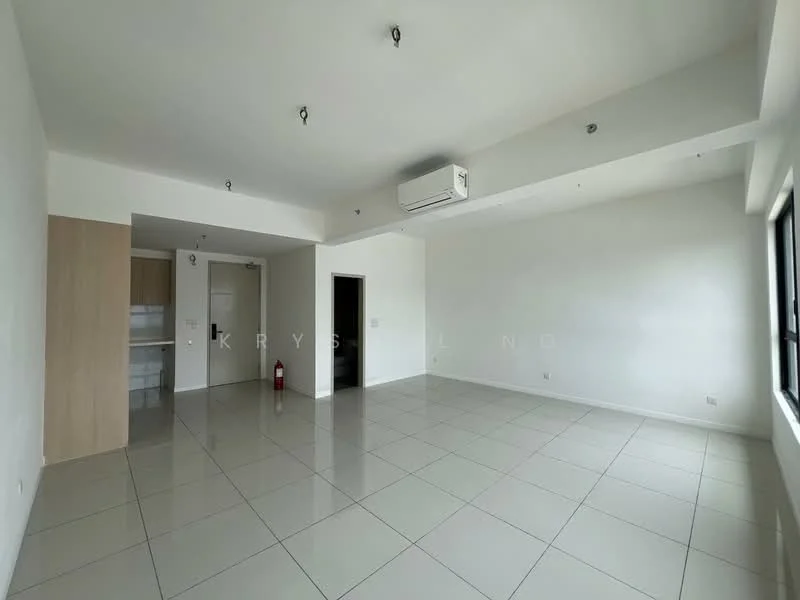 Room features: white painted walls, glossy tile flooring, ceiling with recessed downlights, wall-mounted split AC unit, large window providing natural light, fire extinguisher visible, open layout, neutral color scheme; style: modern.