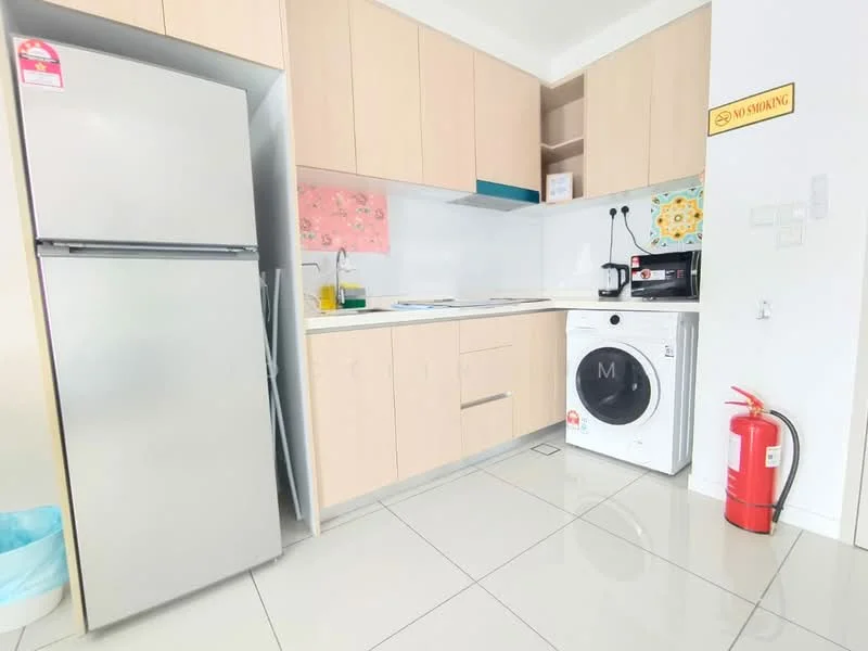 Kitchen features: stainless-steel fridge, white cabinetry, white countertop, built-in oven, microwave, single-bowl stainless-steel sink, chrome pull-down faucet, washing machine, fire extinguisher, tile flooring, wall-mounted storage, decorative wall art; style: modern.