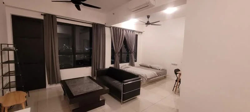 Living features: 2 single beds with grey bedding, black leather sofa, wooden coffee table, floor-to-ceiling windows, grey curtains, 2 ceiling fans, white painted walls, tile flooring, air conditioning unit; style: modern; view: city.