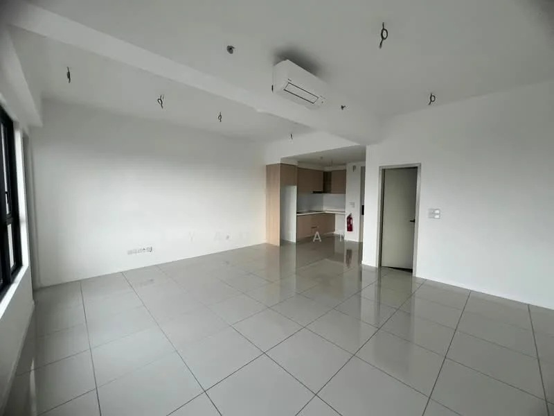 Living features: white painted walls, polished ceramic tile flooring, recessed downlights, wall-mounted split AC, floor-to-ceiling windows, open layout, kitchen area visible, neutral color scheme; style: modern.