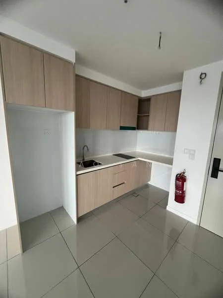 Kitchen features: light wood cabinetry, white countertop, single-bowl stainless-steel sink, chrome pull-down faucet, built-in stove, tile backsplash, ceramic tile flooring, recessed downlights, fire extinguisher, open shelving, wall-mounted cabinet, corner cabinet; style: modern.