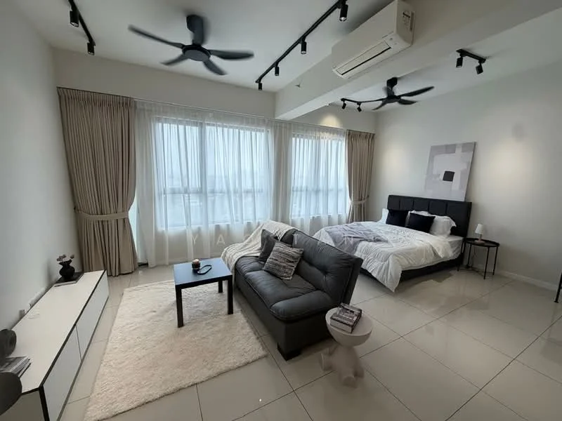 Bedroom features: king-size bed with white bedding, upholstered headboard, 2 bedside lamps, 3-blade ceiling fan, wall-mounted air conditioning unit, floor-to-ceiling windows with sheer curtains, grey fabric sofa, coffee table, area rug with soft texture, white painted walls, tile flooring, decorative wall art; style: modern; view: city.