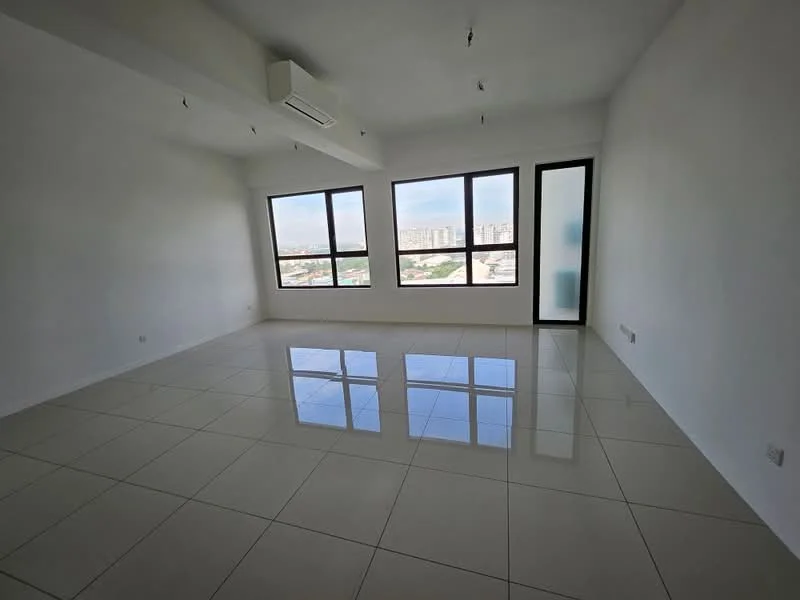 Living features: white painted walls, glossy ceramic tile flooring, floor-to-ceiling windows, sliding glass door, air conditioning unit, recessed downlights, city view, open layout; style: modern; view: city.