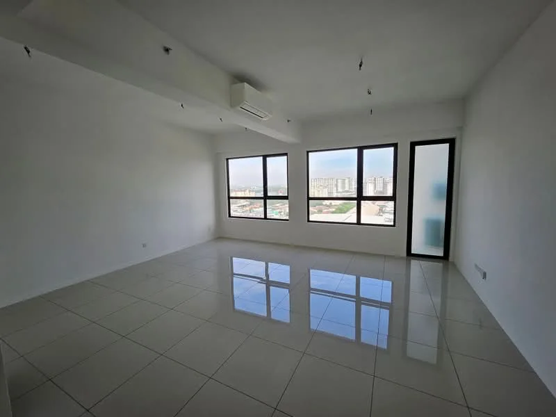 Room features: white painted walls, glossy white tile flooring, floor-to-ceiling windows, sliding glass door, 1 wall-mounted split AC, recessed downlights, neutral color scheme, city view; style: modern; view: city.