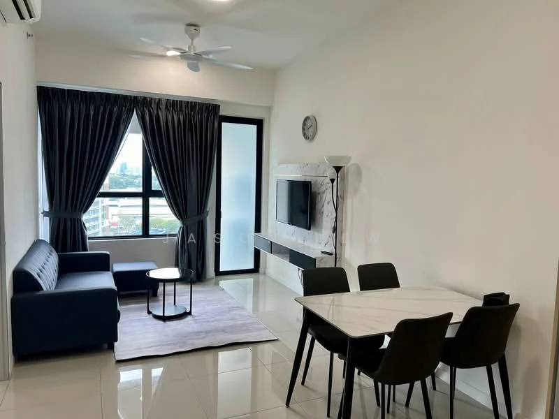 Living features: 3-seater fabric sofa in navy blue, round coffee table, wall-mounted TV, white feature wall, floor-to-ceiling windows, blackout curtains, recessed downlights, ceiling fan, area rug, dining table with 6 black chairs, glossy tile flooring; style: modern; view: city.
