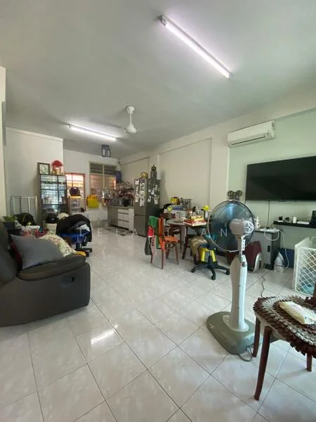 Living features: white painted walls, glossy ceramic tile flooring, ceiling fan, wall-mounted air conditioning unit, large flat-screen TV, wooden coffee table, black leather sofa, colorful dining chairs, kitchenette with cabinets, refrigerator, open shelving, decorative items on shelves, multiple light sources, dining table with chairs; style: modern.