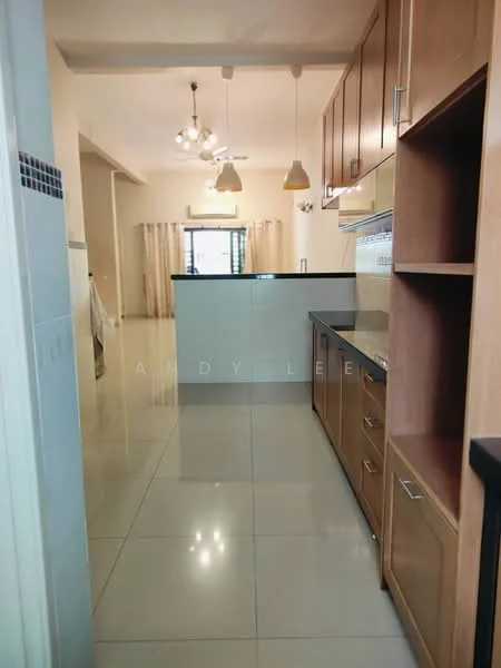 Kitchen features: brown wooden cabinetry, black countertop, stainless-steel sink, chrome pull-down faucet, ceramic tile flooring, recessed downlights, pendant lights, open layout to living area, window with sheer curtains; style: modern.