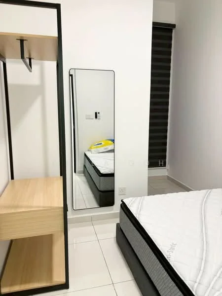 Bedroom features: queen-size bed, black bed frame, white mattress, wooden shelving unit, full-length mirror, white painted walls, tile flooring, black roller blinds; style: modern.