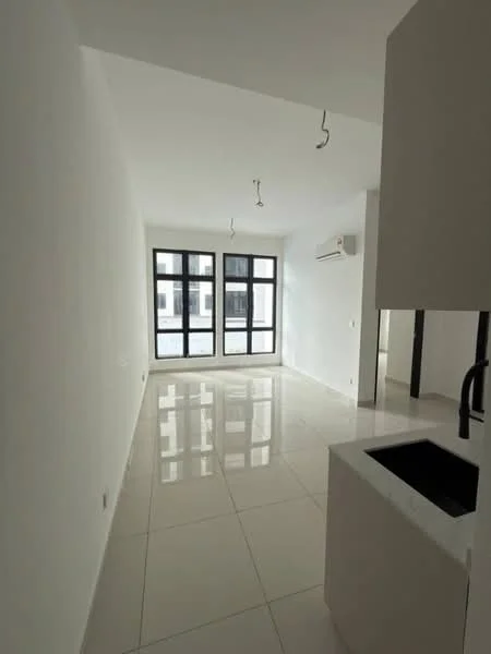Living features: white painted walls, glossy tile flooring, floor-to-ceiling windows, black window frames, recessed downlights, 1 wall-mounted split AC, open layout, kitchen island with sink; style: modern.