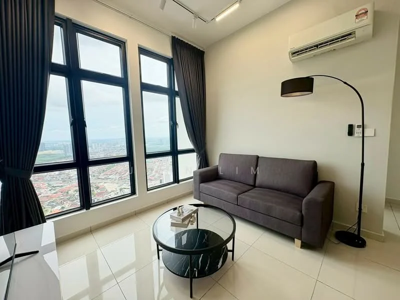 Living features: grey fabric sofa, round glass coffee table, floor lamp with black shade, 1 wall-mounted split AC, floor-to-ceiling windows, black curtains, white painted walls, glossy tile flooring; style: modern; view: city.