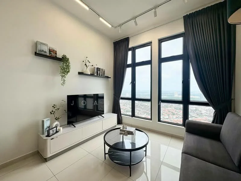 Living features: grey fabric sofa, black coffee table, white TV console, wall-mounted shelves, decorative plants, floor-to-ceiling windows, black curtains, recessed lighting, city view; style: modern; view: city.