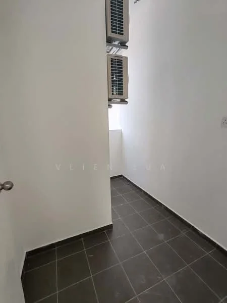 Room features: white painted walls, dark grey tile flooring, 2 wall-mounted split AC units, window with natural light.