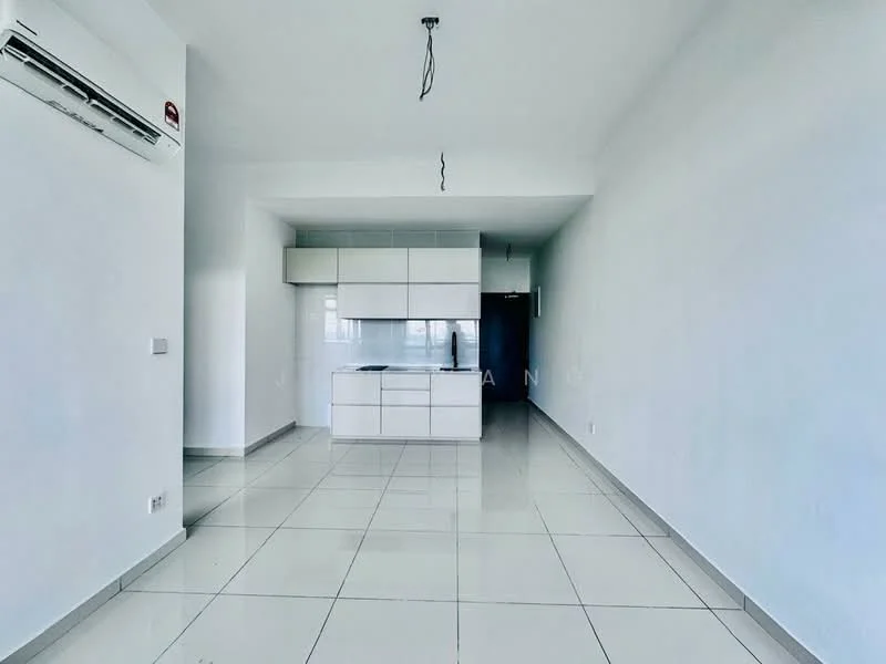 Kitchen features: white cabinetry, marble countertop, built-in kitchen island, stainless-steel sink, single-bowl stainless-steel sink, chrome pull-down faucet, ceramic tile flooring, wall-mounted split AC, recessed downlights, open layout, white painted walls; style: modern.
