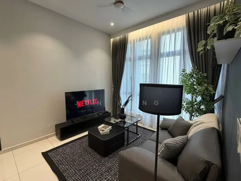 Living features: grey leather sofa, black coffee table, black TV console, wall-mounted TV, area rug with geometric pattern, floor lamp, decorative plant, curtains, white tiled flooring, ceiling fan with light, wall-mounted shelf; style: modern.