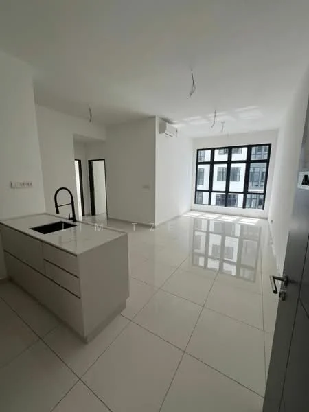 Kitchen features: white cabinetry, single-bowl stainless-steel sink, chrome pull-down faucet, white countertop, built-in kitchen island, open shelving, recessed downlights, tile flooring; style: modern. Living features: large floor-to-ceiling windows, white painted walls, polished tile flooring, air conditioning unit, open layout, no visible furniture, neutral color scheme; style: modern.